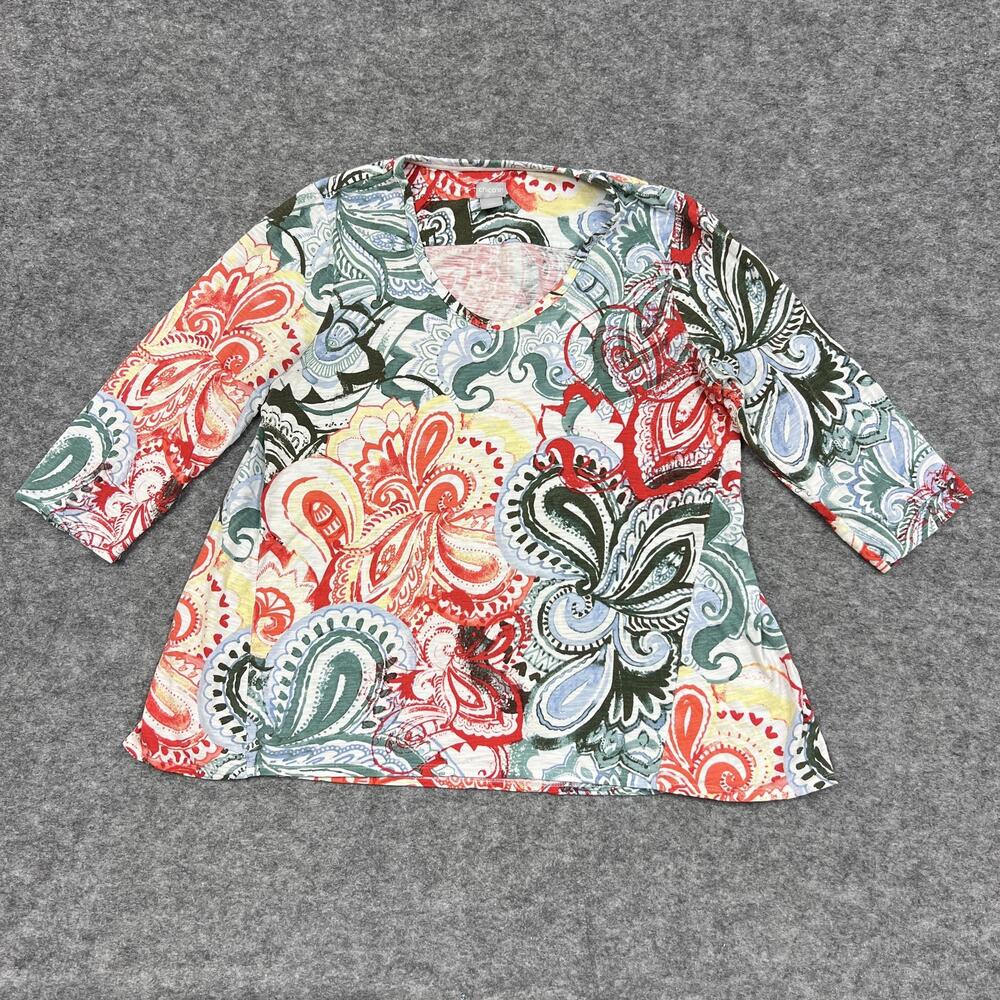 Chicos Blouse Womens Large 2 Multicolor Tunic Scoop Neck 3/4 Sleeve Cotton Modal